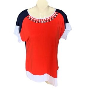 Pretty Beaded NWOT Red Ruby Top in Red and Blue with White Accent.